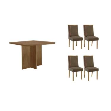 Imagem de Conjunto: Mesa de Cozinha Berlim Tampo Curvo 90cm+4 Cadeiras Tilia Madeira Naturale - Capuccino/Suede Capuccino - Rufato