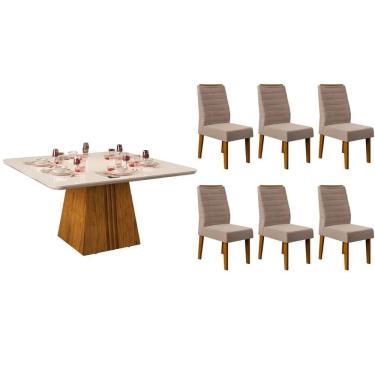 Imagem de Conjunto: Mesa de Cozinha Itália c/ Tampo Madeirado c/ Vidro Curvo 136x136cm e 6 Cadeiras Ondina Freijo/Off White - Suede Kraft - DJ Móveis