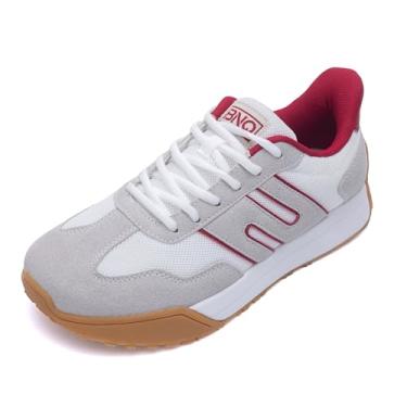 Imagem de N BESUNEW Tênis feminino com bico largo, plataforma de caminhada fácil de calçar e descalçar, com suporte de arco, calçados esportivos casuais confortáveis e retrô, Branco-cinza vermelho, 36