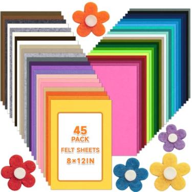Imagem de 45 folhas de tecido de feltro artesanal de 20 x 30 cm, 45 folhas de feltro não tecidas de cores sortidas, quadrado de tecido de feltro grosso de 2 mm para artesanato de costura DIY, patchwork