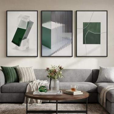 Imagem de Arte de parede abstrata grande emoldurada verde e branca para sala de estar, 3 peças de impressão em tela moderna, pinturas de arte para paredes, imagens geométricas minimalistas para decoração de