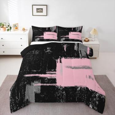 Imagem de Conjunto de edredom geométrico rosa preto e abstrato, tamanho Queen, para crianças, meninos, meninas, decoração de arte moderna, respirável, macio, leve, microfibra, xadrez de búfalo, roupa de cama