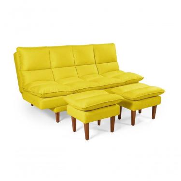 Imagem de Sofá Cama Andorra 3 Lugares Império Reclinável Casal Pés Madeira Com Banqueta Suede Amarelo