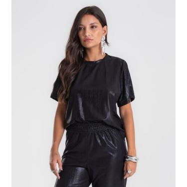 Imagem de Blusa Feminina em Malha Plissada Cropped Dianna Preto, G, Preto