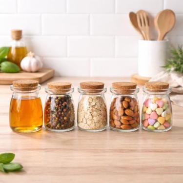 Imagem de 5 Potes De Vidro Pequeno Tampa Cortiça Lembrancinha Festa Doces Temper