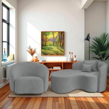 Imagem de Kit Recamier Curvo Sala De Estar 150cm Lado Esquerdo E Poltrona Orgânica Luxo Amore Bouclé Cinza
