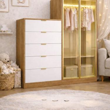 Imagem de Comoda Infantil 5 Gavetas 2 Portas Reflecta Tauari Ambar/Off White