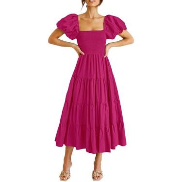 Imagem de Vestido Midi de Verão PRETTYGARDEN com Mangas Bufantes Rosa Escuro Tam