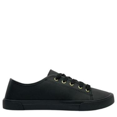 Imagem de Tênis Casual Feminino Moleca com Detalhes Dourados Confortável, Preto,