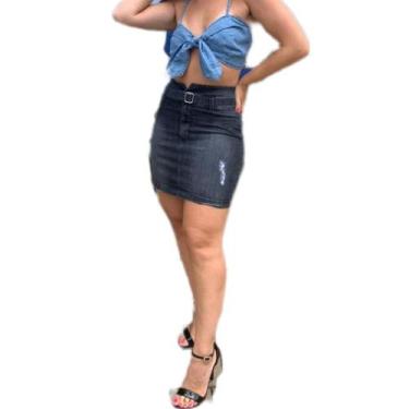 Imagem de Saia feminina destroyed jeans cintura alta com cinto oferta - GARDANA 
