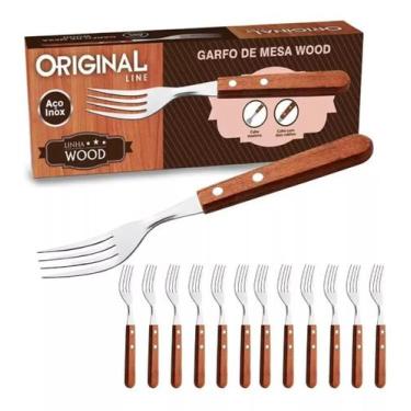 Imagem de Kit 12 Garfo De Mesa Cabo Madeira Talher Inox Churrasco - Original Lin