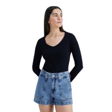 Imagem de Blusa Manga Longa Básica Hering Feminina Decote V Preta, G, Preto