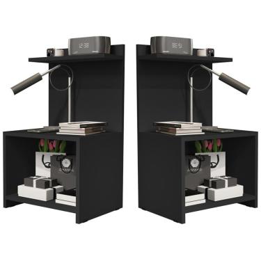 Imagem de Kit 2 Mesas de Cabeceira Moderna Fantasy - Nicho e Prateleira - Preto