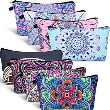 Imagem de 8 peças bolsa de maquiagem bolsa de higiene pessoal impermeável bolsa de cosméticos de viagem com design de flores mandala, 8 estilos, Multicor, 8.7x5.3 Inch (Pack of 1)