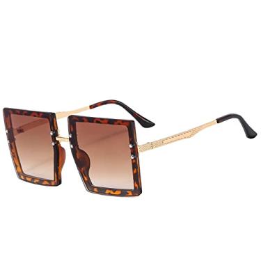 Imagem de Óculos de sol de metal quadrado espelho plano feminino rosto redondo feminino óculos de sol vintage de armação grande, chá de leopardo, um