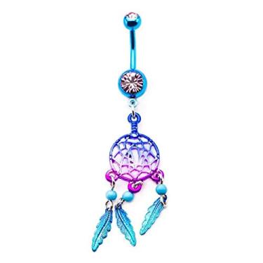 Imagem de Pierced Coruja 14G Aço Inoxidável CZ Cristal Azul e Roxo Ombre Dream Catcher Dangling Belly Botão Anel