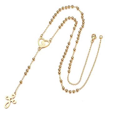 Imagem de Presente para mãe de aço inoxidável religioso Virgem Maria coração cruz pingente longo feito à mão frisado colar rosário dourado, Aço inoxidável