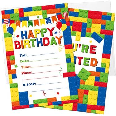 Imagem de Nezyo Pacote com 30 convites de festa de aniversário com envelopes a granel colorido bloco de construção convites crianças empilhar tijolos conjunto de cartões de convite meninas menino decoração