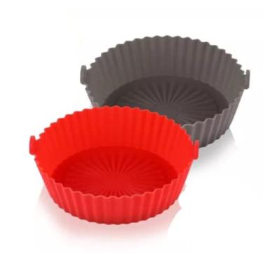 Imagem de Forma de Silicone Redonda Fritadeira Microondas C/Alça Forma 20x20cm Cesto para Air Fryer (Vermelho)