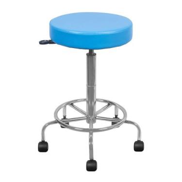 Imagem de Cadeira Mocho Cromada Alta Azul Turquesa Estética Giratória Maca Sem E