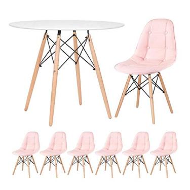 Imagem de Loft7, Kit Mesa Eames 90 cm branco + 6 cadeiras Eames Botonê Rosa claro