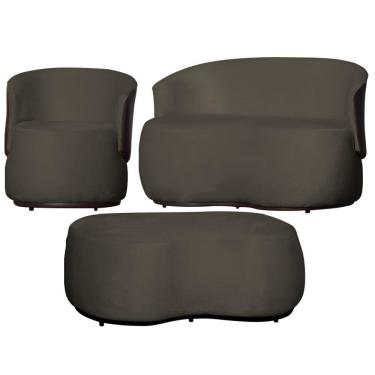 Imagem de Kit 1 Poltrona 1 Namoradeira e 1 Puff Grande Design Orgânico Beatriz Veludo Composê Corino Marrom - Estopar