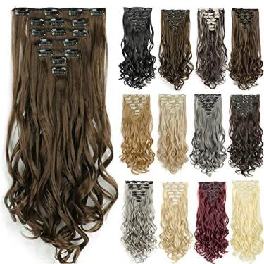 Imagem de IMISSU 7 peças/conjunto de grampo longo encaracolado em extensões de cabelo 16 grampos de extensão de cabelo de cabeça inteira peruca (Marrom claro)