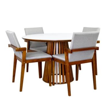 Imagem de Conjunto Mesa de Jantar Redonda Luana Amadeirada Branca 120cm com 4 Cadeiras Estofadas Isabela - Bege