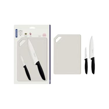 Imagem de Conjunto de Facas e Tábua de Corte Tramontina Plenus em Aço Inoxidável - Preto - 3 Peças