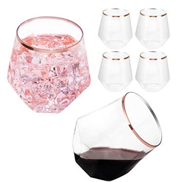 Imagem de Conjunto de 24 taças de vinho de plástico sem haste LUODA, em forma de diamante, copos de uísque descartáveis em ouro rosa, 354 ml, para aniversário, inauguração de casa e casamentos