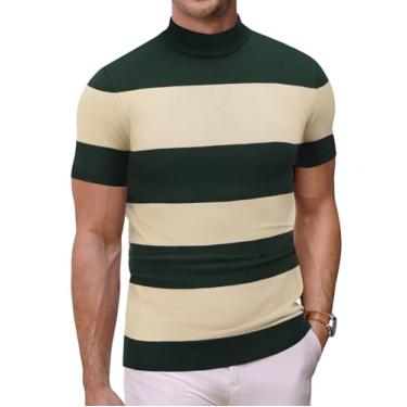 Imagem de COOFANDY Suéter de gola rolê masculina manga curta camisetas de cor sólida básica slim fit pulôver de malha, Listra verde, G