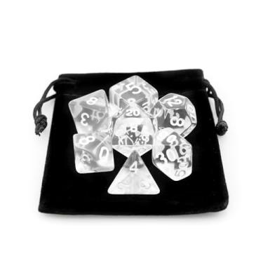 Imagem de Kit 7 Dados RPG de Mesa Translucido Acrilico Conjunto D4 D6 D8 D10 D10% D12 D20 Cor TRANSPARENTE + 1 Dice Bag