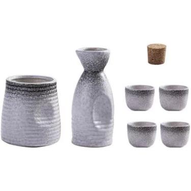 Imagem de Conjunto de saquê japonês garrafa de saquê de cerâmica copos e aquecedor de saquê para casa ou restaurante, 1 pote 4 copos 1 aquecedor (neve)