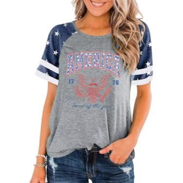 Imagem de Camiseta feminina 4th of July Independence Day Summer 1776 USA America Memorial Day Graphic Tees Tops, Azul e cinza, GG