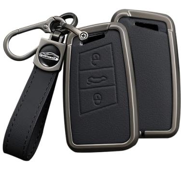 Imagem de HIBEYO Capa Smart Key Fob compatível com VW Volkswagen Passat Tiguan Skoda CC B8 MK2 B7 Superb A7 Magotan Key Leather & Alloy Key Cover Accessories with Keychains-A Keychain Black