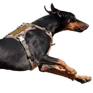 Imagem de BUMBIN Peitoral tático para cães grandes, antipuxão, famoso TIK Tok, antipuxão, ajuste inteligente refletivo para caminhada para treinamento, colete ajustável para cães com alça camuflado do deserto