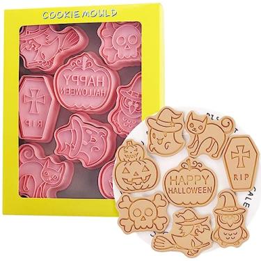Imagem de Conjunto de 8 cortadores e carimbos de biscoito de Halloween, moldes de biscoito de desenho animado de plástico, cortadores de sanduíche fofos para aniversário infantil, festa — Feliz Dia das Bruxas abóbora, fantasma, caixão, gato, caveira, coruja, bruxa, rosa