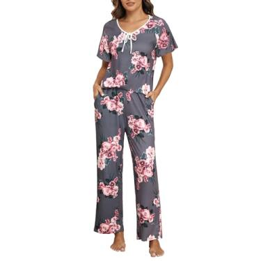 Imagem de iChunhua Conjunto de pijama confortável para mulheres, manga com babados, gola canoa, com calça floral e pernas largas, conjunto de pijama macio, Cinza, P