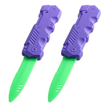 Imagem de Lovisun Facas de brinquedo de plástico retráteis - pacote com 2 - seguras e divertidas para crianças e adultos - ótimas para Halloween, cosplay, truques de mágica e mais lâmina verde com cabo roxo
