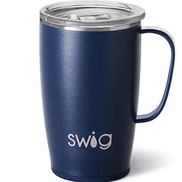 Imagem de Swig Life Caneca de viagem de 510 g, copo isolado com alça e tampa, suporte para copo, seguro para lava-louças, aço inoxidável, xícara de café de viagem (azul marinho)