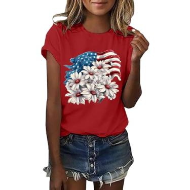 Imagem de Camiseta feminina 4 de julho patriótica bandeira americana camiseta estampa floral camiseta verão Y2k Going Out Top, Vermelho, M