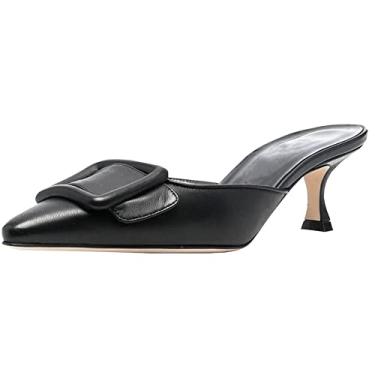 Imagem de Divanne Mules de salto para mulheres, bico fino, salto baixo, fivela, salto gatinho, sandálias de costas nuas, Preto PU - 6,5 cm, 7