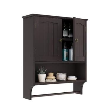 Imagem de Smuxee Armário de parede marrom com barra de toalha - Armário de remédios com prateleiras ajustáveis, armário sobre vaso sanitário para lavanderia e cozinha