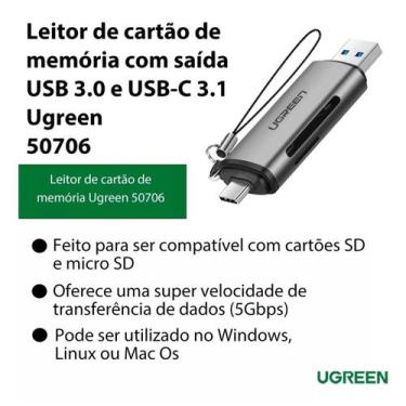 Imagem de UGREEN Leitor de cartão Memória Micro SD ( 2 em 1 ) USB C USB 3.0 5 Gb