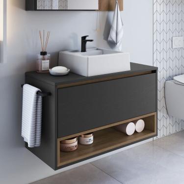 Imagem de Gabinete de Banheiro Suspenso 80cm com 1 Nicho 1 Toalheiro 1 Porta com Cuba Mel/Grafite
