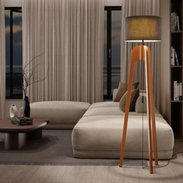 Imagem de Luminária Decorativa Bivolt Pé Triplo Madeira Cúpula Preta - UniDecor,