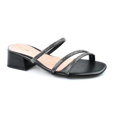 Imagem de Tamanco Godiva Salto Bloco Baixo Tiras Em Strass Feminino Preto, Preto