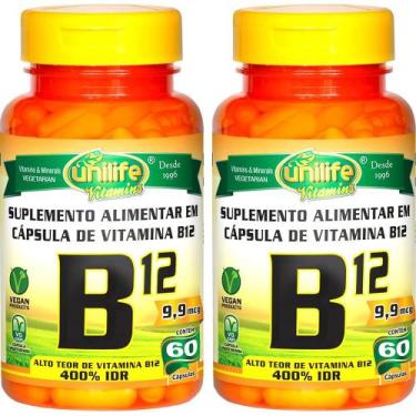 Imagem de Kit 2 Vitamina B12 Cianocobalamina Unilife 60 Cáps. Vegano