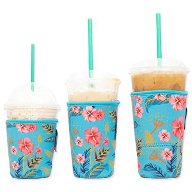 Imagem de Capa de café gelado Baxendale para copos de bebidas frias, pacote com 3 capas de neoprene para bebidas frias, reutilizável, compatível com Starbucks Dunkin (3 pacotes Sm-Med-Lg, Turquesa Floral #3)