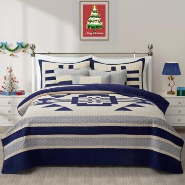 Imagem de NELIFDER Jogo de cama queen com 6 peças, azul, para inverno, azul marinho, creme, cinza, patchwork, 100% algodão, colchas de Natal pesadas, para férias, reversível, jogo de cama